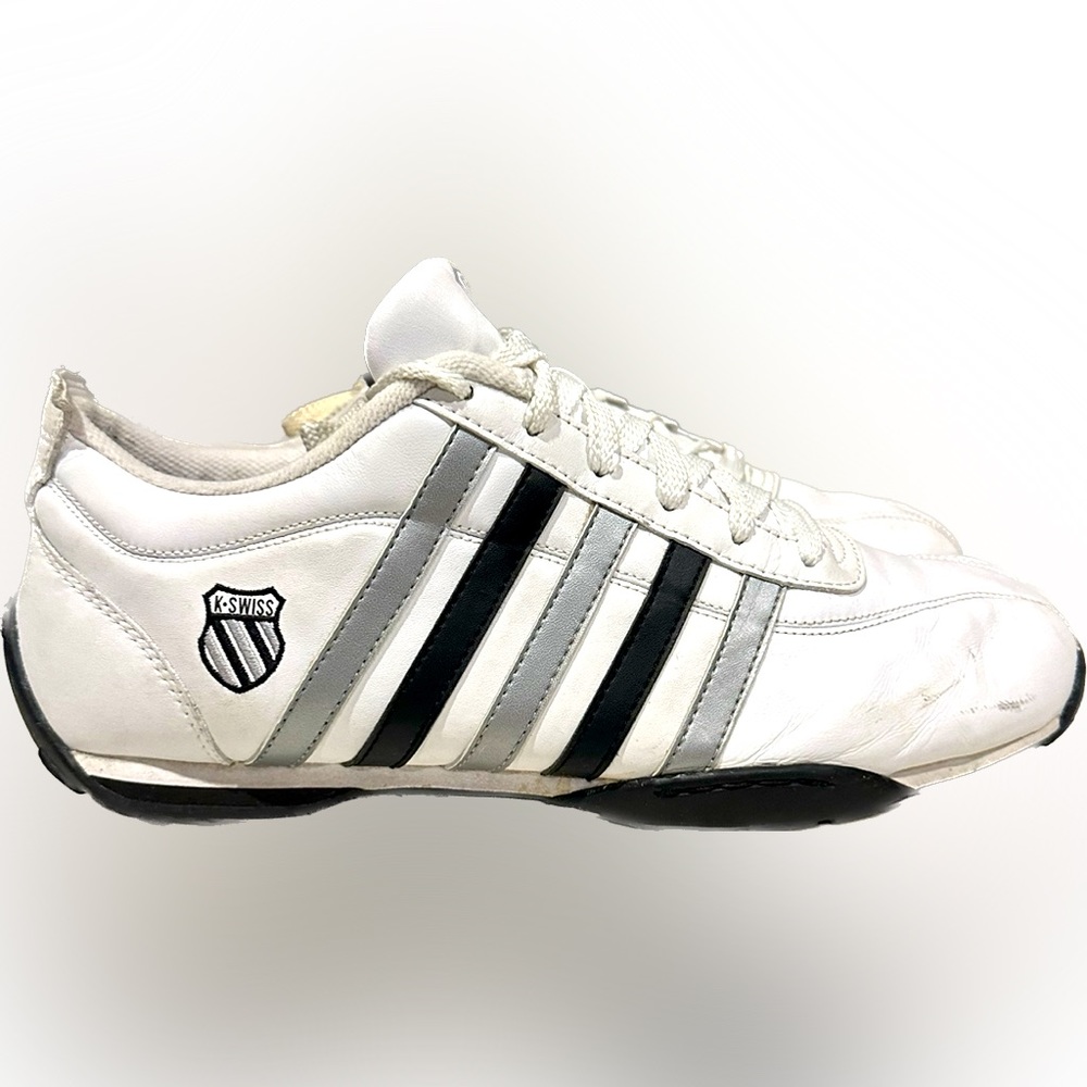 VTG K-SWISS ATHLETIC SNEAKER WALK RUN LEATHER SHOES SZ:10.5 WHITE BLACK GRAY